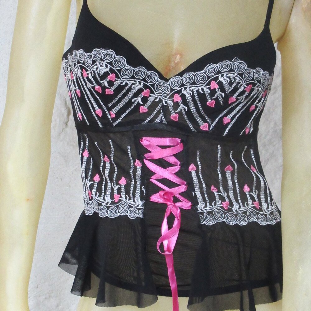 Pink and Black Embroidered Ribbon Corset Top Size 36B